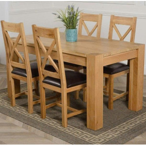 ChunKy Oak : Bàn Ăn 1m4 + 4 Ghế ( Lưng X - Mặt Nệm )